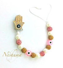 Load image into Gallery viewer, Evil Eye Nazar Baby Pacifier Holder with Hamsa Clip , Rhinestone and Pearls