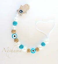 Load image into Gallery viewer, Evil Eye Nazar Baby Pacifier Holder with Hamsa Clip , Rhinestone and Pearls