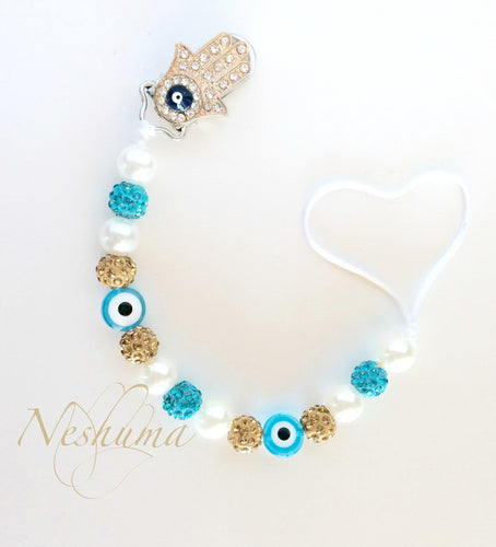 Evil Eye Nazar Baby Pacifier Holder with Hamsa Clip , Rhinestone and Pearls