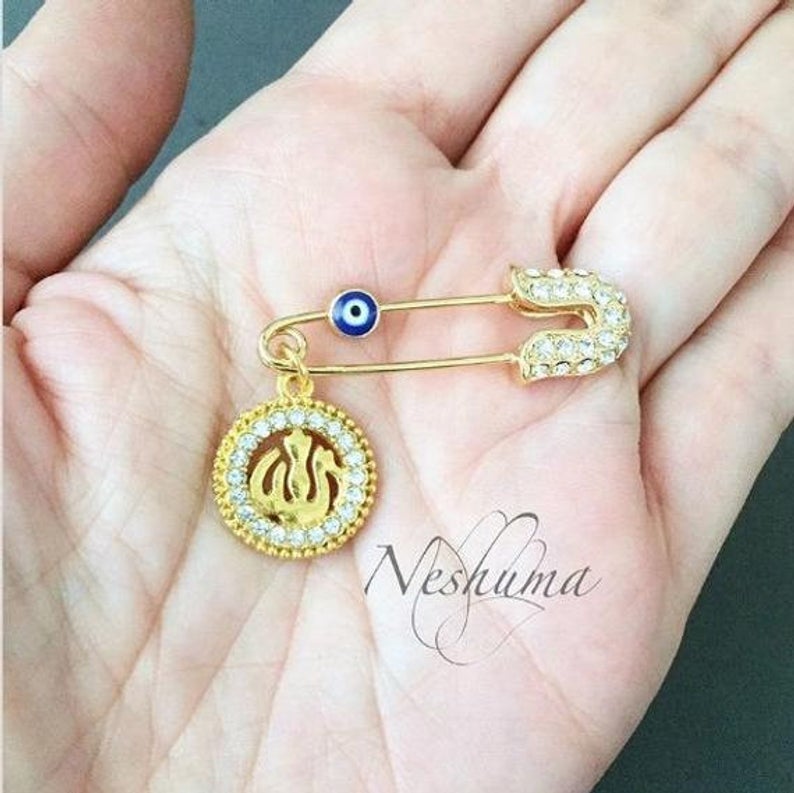 Gold Muslim Jewellery, Allah Name Nazar Evil Eye Muslim Pin Brooch, Islamic Eid Mubarak Gift