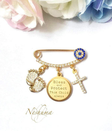 Girl Boy Baptism Bless and Protect this Child Always / Evil Eye Diamante Stroller Pin with a Cross