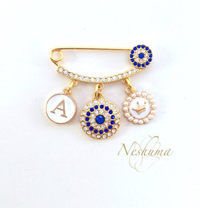 Luxury Diamante Pin Brooch with Evil Eye Personalized with Initial Letter