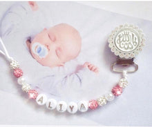 Load image into Gallery viewer, Mashaallah Pacifier Clip Personalized with baby name. Rhinestone and Pearls