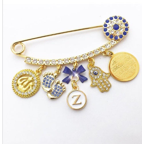 Gold Islamic Jewelry, Nazar Evil Eye Muslim Baby Pin Brooch for Boy or Girl with Allah and Ayatul Kursi /4Qul Sura