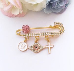 Gold Diamante Evil Eye Pin Brooch with Cross and Initial Letter