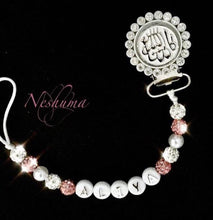 Load image into Gallery viewer, Mashaallah Pacifier Clip Personalized with baby name. Rhinestone and Pearls