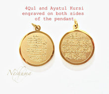Load image into Gallery viewer, Gold or Silver Islamic Jewelry Necklace, 4 Quls and Ayatul Kursi Double Sided Pendant, Muslim Necklace in Kids or Adult size