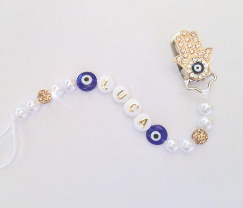 Personalized Pacifier Clip, Evil Eye Pacifier Holder with Hamsa Rhinestone and Pearls