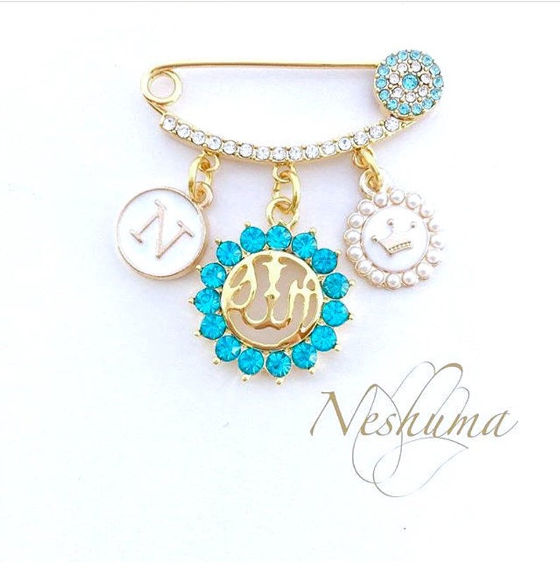 Gold Islamic Jewelry, Personalized Muslim Baby Pin Brooch for boy or girl by Neshuma