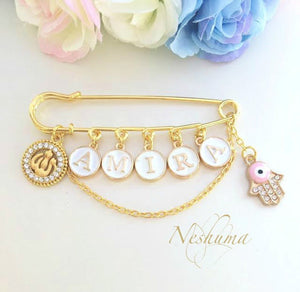 Gold Islamic Jewelry, Allah Stroller Pin, Muslim Baby Pin Brooch Personalized with a Baby Name for a Girl or a Boy