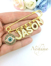 Load image into Gallery viewer, Gold Baby Pin Brooch personalized with baby name, Evil Eye Safety Pin for a Girl or a Boy