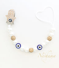 Load image into Gallery viewer, Evil Eye Pacifier Holder with Hamsa Clip , Rhinestone and Pearls
