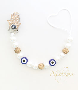 Evil Eye Pacifier Holder with Hamsa Clip , Rhinestone and Pearls