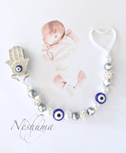 Load image into Gallery viewer, Silver Nazar Hamsa Pacifier Clip, Evil Eye Pacifier Holder with Rhinestone and Pearls